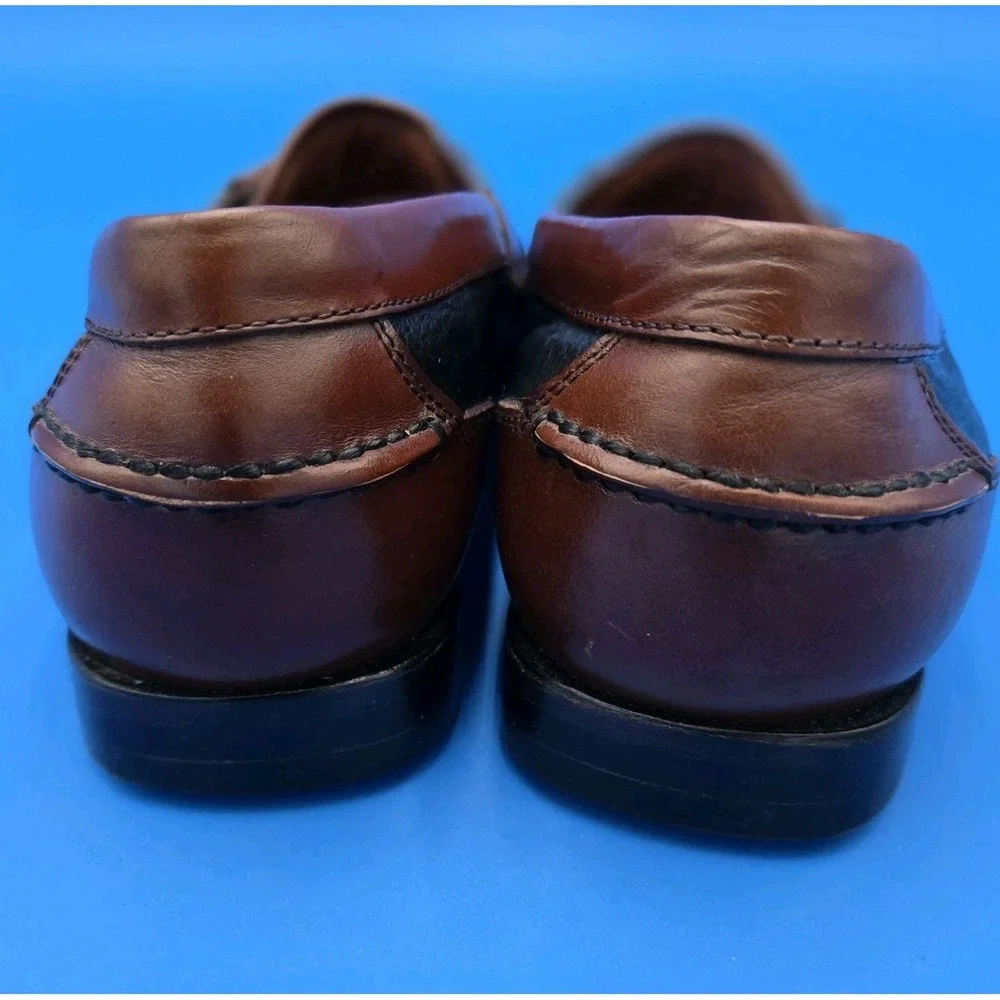 Florsheim Men Loafers Tassel Sz 10.D Leather Black Pebble-Grain Brown Trim Shoes